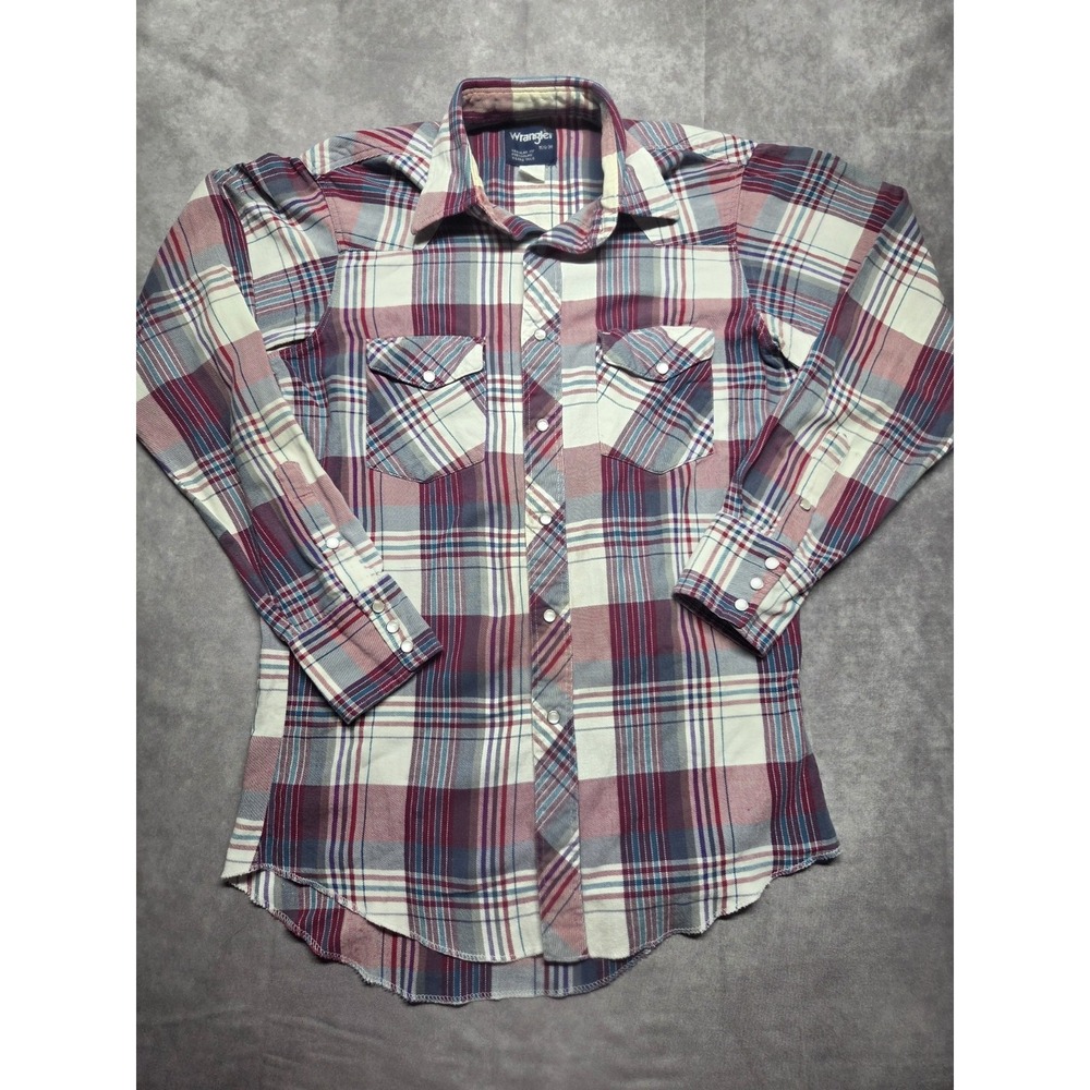 Vtg Wrangler Shirt Men 15.5-34 Medium Plaid Pearl Snap Cowboy Cut X-Long Tails